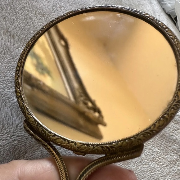 Vintage or Antique Victorian Portrait Art Gold-Tone Hand Mirror - Some Crazing - Picture 6 of 10